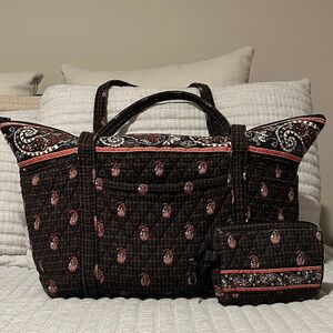 Vintage Vera Bradley Houndstooth Brown Miller Tote Bag Set with Small Cosmetic